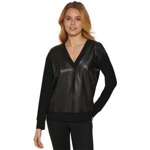 DKNY Womens Faux Leather Front Tunic Blouse, Black, NWT